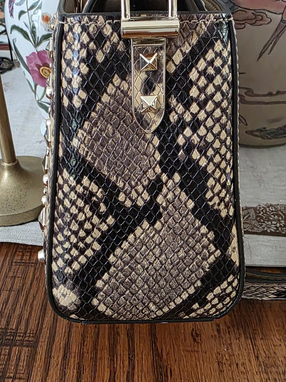 Michael Kors Beige Snake-Print Studded Satchel with Gold Hardware - Picture 4 of 7